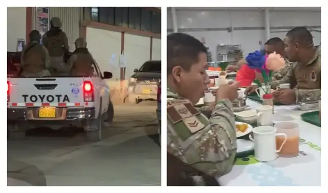 Imágenes muestran una vez más que militares desayunan y almuerzan en los campamentos mineros solventamos por Poderosa. Imágenes muestran una vez más que militares desayunan y almuerzan en los campamentos mineros solventamos por Poderosa.