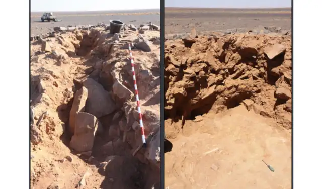 Etapas de excavación del monumento funerario de Lawash el Telli. Foto: African Archaeological Review Etapas de excavación del monumento funerario de Lawash el Telli. Foto: African Archaeological Review