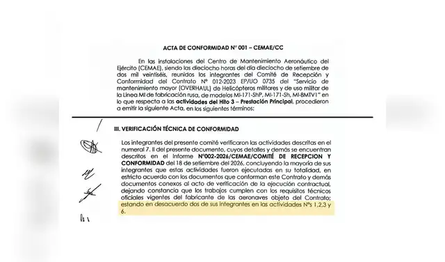 Dos oficiales de la Comisión de Recepción y Conformidad anotaron en el acta de entrega de los helicópteros el incumplimiento de aspectos clave del contrato por parte de la empresa. Foto: La República Dos oficiales de la Comisión de Recepción y Conformidad anotaron en el acta de entrega de los helicópteros el incumplimiento de aspectos clave del contrato por parte de la empresa. Foto: La República