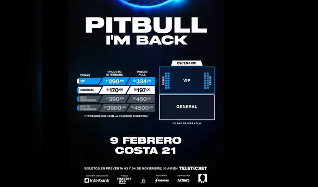 Precio de las entradas para el concierto de Pitbull en Lima. Foto: Instagram. Precio de las entradas para el concierto de Pitbull en Lima. Foto: Instagram.
