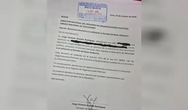 Carta de renuncia de Jorge Gavidia al PBG.  