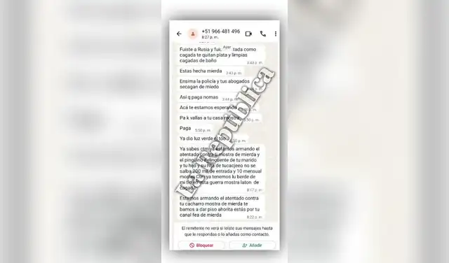 Los mensajes no solo exigían el pago de la reparación civil a favor del exfutbolista, sino también S/200 mil y una cuota mensual de S/10 mil a cambio de no atentar contra la periodista y sus familiares. Foto: La República Los mensajes no solo exigían el pago de la reparación civil a favor del exfutbolista, sino también S/200 mil y una cuota mensual de S/10 mil a cambio de no atentar contra la periodista y sus familiares. Foto: La República