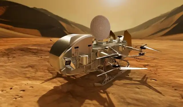 Concepto artístico del Dragonfly en la superficie de Titán. NASA