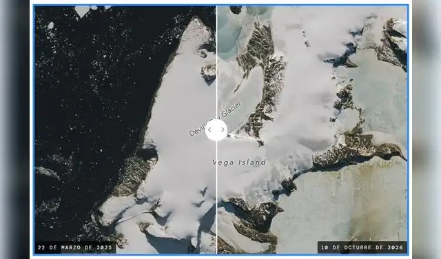 Las fotos del satélite Landsat 9 muestran cambios en la cubierta de hielo en 2025 y 2026. Foto: NASA Las fotos del satélite Landsat 9 muestran cambios en la cubierta de hielo en 2025 y 2026. Foto: NASA