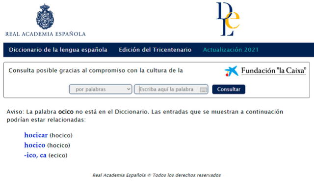 El término 'ocico' no figura en el Diccionario de la Lengua Española de la RAE. Foto: captura de dle.rae.es