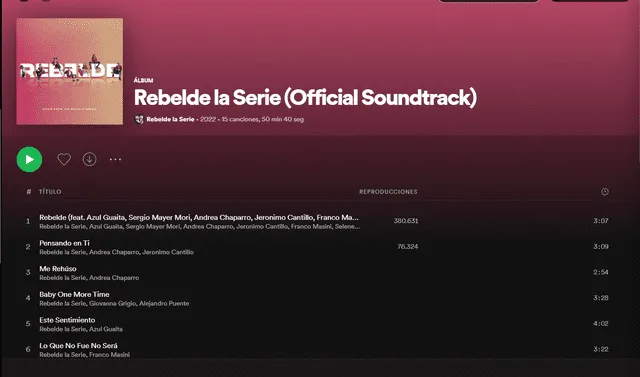 El soundtrack oficial de la nueva versión de Rebelde se encuentra disponible en Spotify. Foto: captura/Spotify
