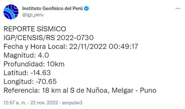 Datos del sismo en Puno. Foto: IGP