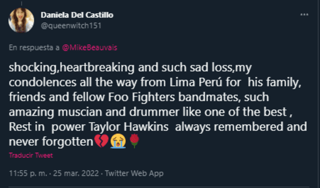 Fans peruanos envían sus condolencias a seres queridos del músico. Foto: Twitter