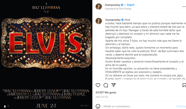 Lisa Marie Presley dedico sentidas palabras a la película biográfica de su padre Elvis Presley. Foto: Instagram