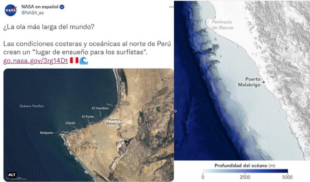 Según la NASA “las aguas de la costa del Pacífico al norte de Perú forman rutinariamente lo que se ha llamado la ola más larga del mundo”. FOTO: Twitter / NASA