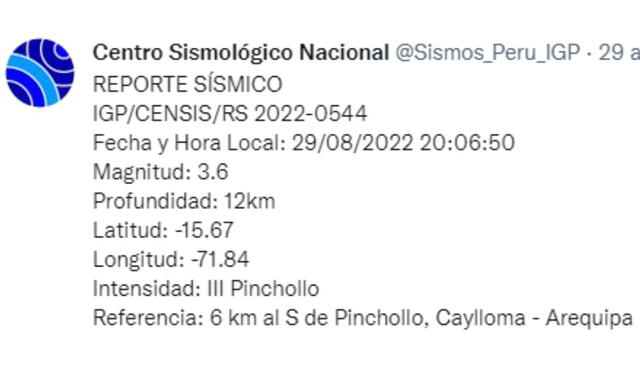 Datos del sismo en Arequipa.