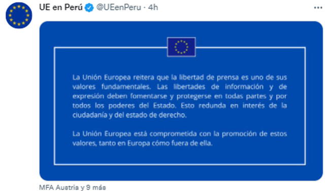 Pronunciamiento de la Unión Europea en defensa de la libertad de expresión en el Perú. Foto: Captura Twitter
