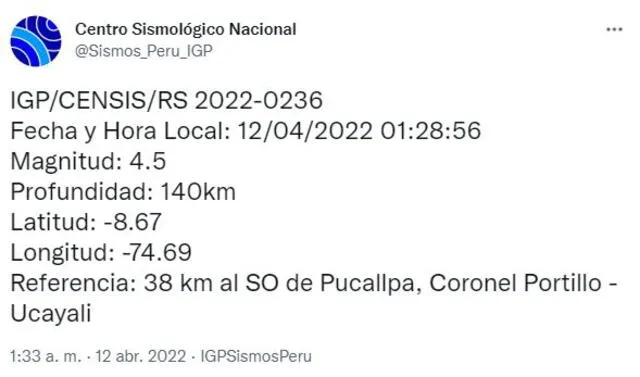 Datos del sismo en Ucayali. Foto: captura Twitter IGP