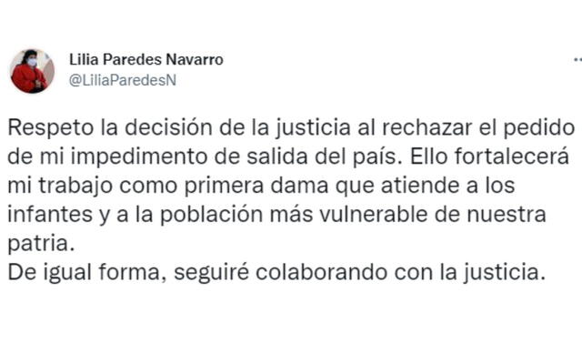 Lilia Paredes se pronuncia en Twitter sobre el rechazo al pedido de su impedimento de salida del país.