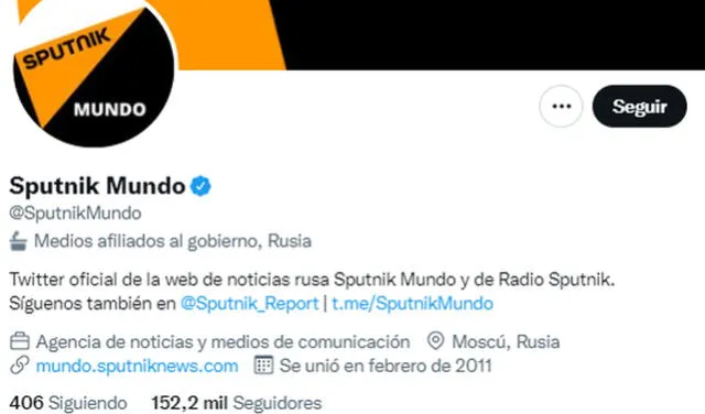 Sputnik es una plataformas de noticias rusa y también refleja una etiqueta en su perfil de Twitter. Foto: captura Twitter