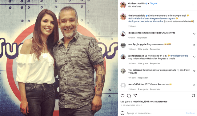 Thalía Estabridis se encontró su ex compañero de Habacilar, Roger del Águila  en un evento en 2017. Foto: Thalía Etsabridis/Instagram