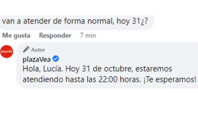 Plaza Vea informó mediante su cuenta oficial de Facebook sus horarios de atención para el 31de octubre.