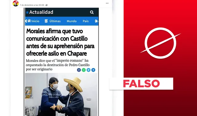  Una de las desinfomaciones que alude a Evo Morales. Foto: captura de Facebook    