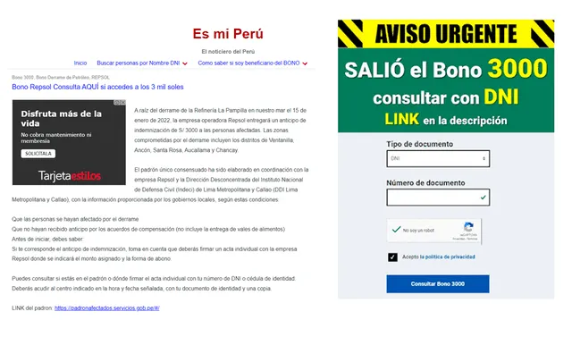 Una nota de marzo de 2022 indica que el bono de 3.000 es entregado por Repsol, y contiene la gráfica en cuestión. Foto: captura en web “Es mi Perú”.   