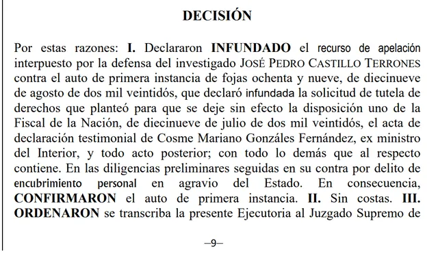 Corte Suprema rechaza recurso de Pedro Castillo con el que buscaba anular caso Mariano González. Foto: documento 