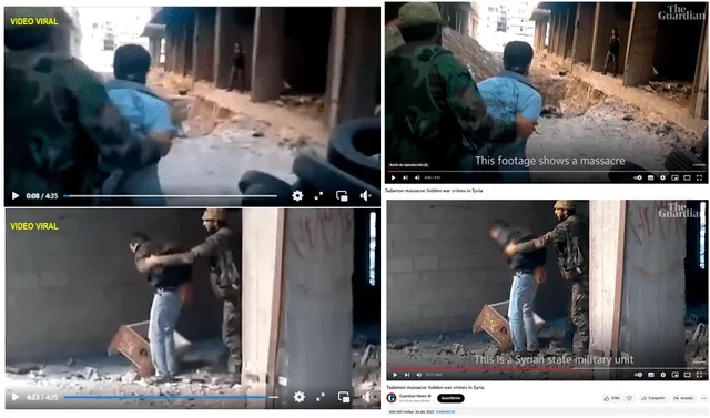  Comparación de escenas evidencia que el video es de la masacre de Siria en 2013. Foto: captura en Facebook y web de The Guardian.    