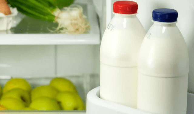 Leche, leche en la puerta del refrigerador, refrigeradora