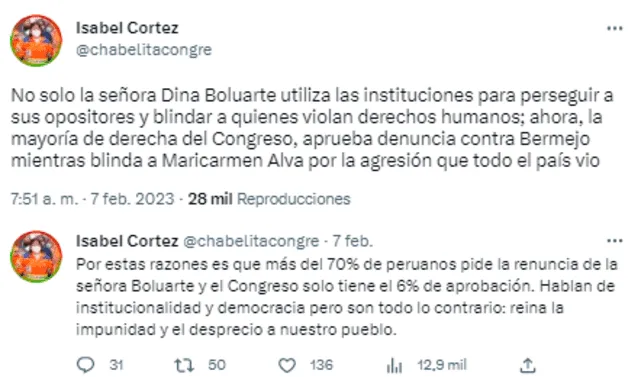  Cortez incluso pedía la salida de Boluarte y el Congreso. Foto: captura Twitter   