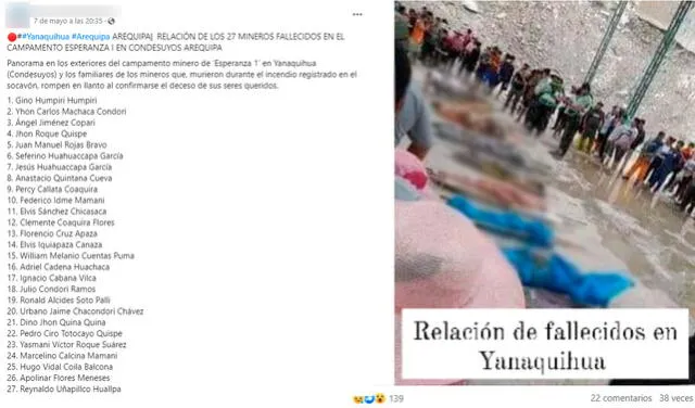  Publicación que señala que imagen corresponde al incendio producido en la mina de Yanaquihua en mayo de 2023. Foto: captura en Facebook.    