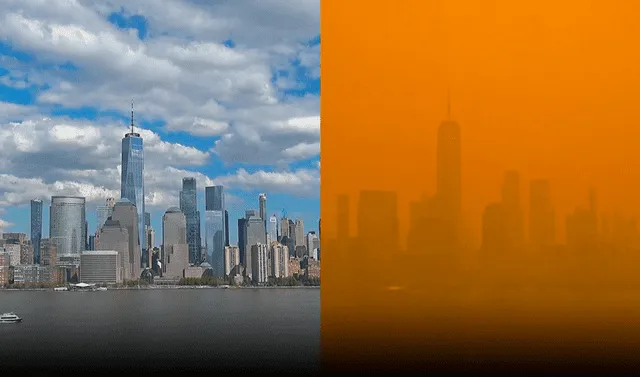 El antes y después del humo de los incendios de Canadá que oscurece Nueva York. Foto: @StormTeam4NY    