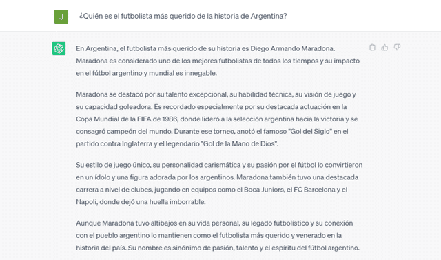 ChatGPT considera a Diego Armando Maradona como el jugador más querido de la historia de Argentina. Foto: captura ChatGPT   
