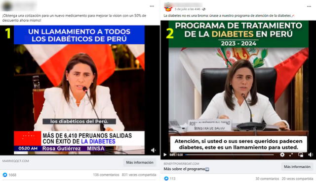  Videos apócrifos que emplean la imagen de Rosa Gutiérrez para desinformar sobre la diabetes. Foto: capturas en Facebook   