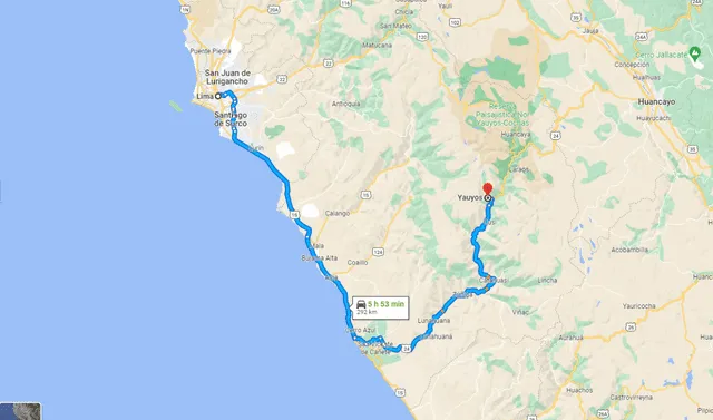 Trayecto de Lima a Yauyos en auto. Foto: captura Google Maps   