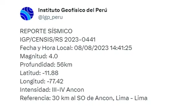 Datos del sismo en Lima. Foto: IGP Datos del sismo en Lima. Foto: IGP