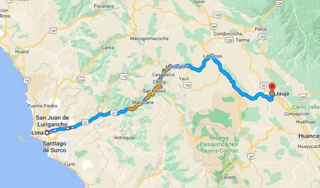 Lima a Jauja por carretera. Foto: captura de Google Maps   
