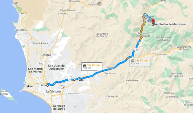 Ruta de Lima a Marcahuasi. Foto: captura Google Maps   