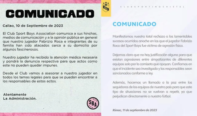 Ambos clubes condenaron la agresión a Fabrizio Roca. Foto: composición de LR/Sport Boys/Sporting Cristal 