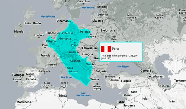  Perú es mucho más extenso que varios de Europa. Foto: The True Size/captura    