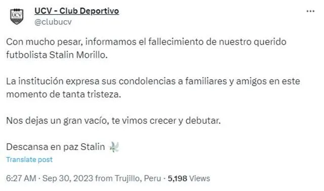 Comunicado de la César Vallejo sobre deceso de Stalin Morillo. <strong>Foto: captura Twitter</strong>   