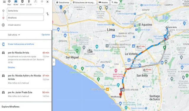 La ruta más rápida para llegar a Miraflores en vehículo particular, según google Maps. Foto: captura de Google Maps 