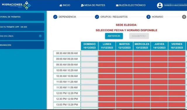  Panel de citas para el CPP de Migraciones se muestra sin citas disponibles. Foto: captura web/Agencia Digital de Migraciones   