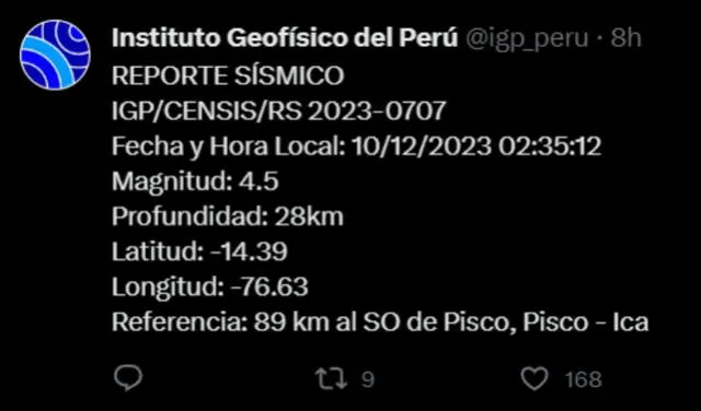   Datos del primer sismo registrado HOY en Pisco, según IGP. Foto: IGP_Peru/    