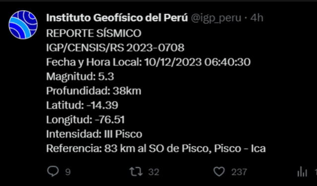   Datos del segundo sismo registrado HOY en Pisco, según IGP. Foto: IGP_Peru/ X   