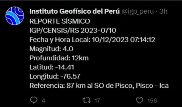  Datos del cuarto sismo registrado HOY en Pisco, según IGP. Foto: IGP_Peru/ X   