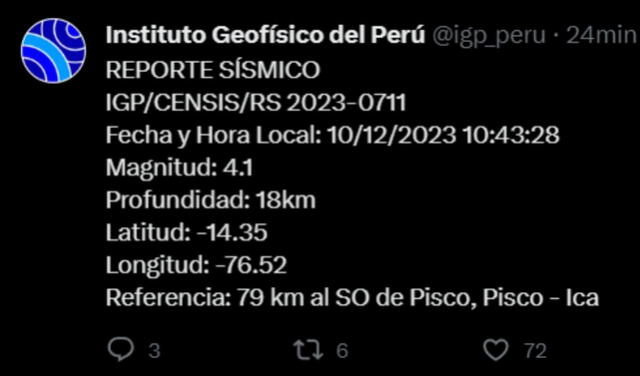 Datos del quinto sismo registrado HOY en Pisco, según IGP. Foto: IGP_Peru/ X   