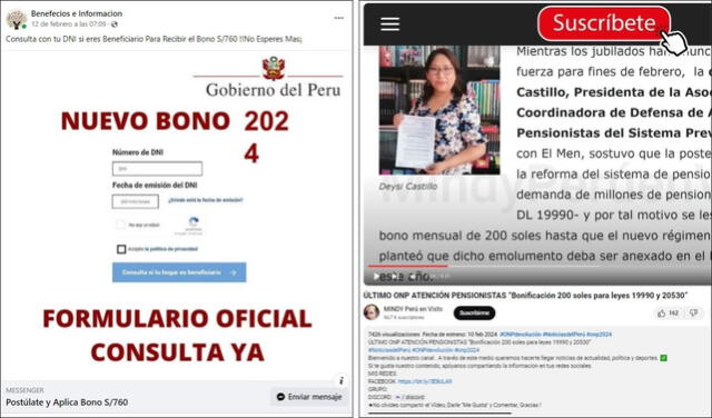  Publicaciones sobre supuestos bonos de 760 y 200 soles aparecen en las redes sociales. Fuente: Facebook / YouTube.   