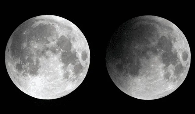  Comparación entre el brillo de luna normal y un eclipse lunar penumbral. Foto: Sky at Night   