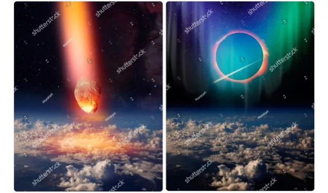 <em> Las nubes junto a un asteroide (izquierda) y a una aurora boreal (derecha). Foto: captura de Shutterstock</em>   