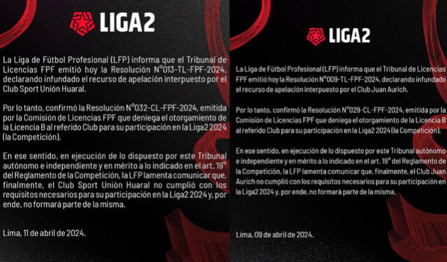 Comunicados contra Juan Aurich y Unión Huaral. Foto: Liga 2   