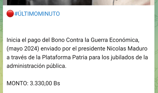 El Bono de Guerra para jubilados llegó el 17 de mayo. Foto: Canal Patria Digital/Telegram