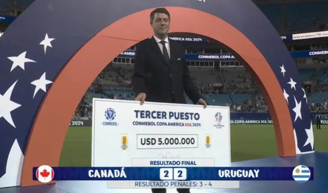 La premiación a Uruguay incluyó la entrega del cheque con el premio al tercer puesto de esta Copa América 2024. Foto: captura de DSports   